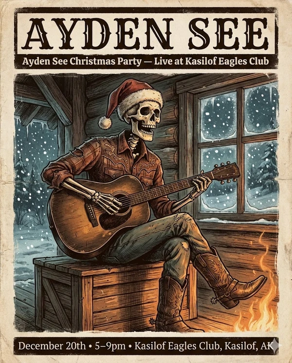 Graphic for Ayden See solo performance at Kasilof Eagles Club in Kasilof, Alaska on December 27, 2025.