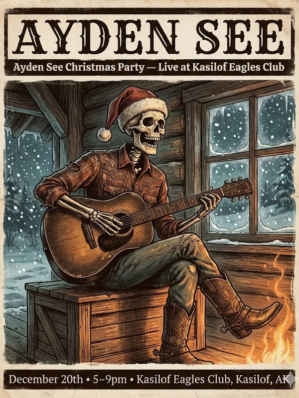 Graphic for Ayden See solo performance at Kasilof Eagles Club in Kasilof, Alaska on December 27, 2025.