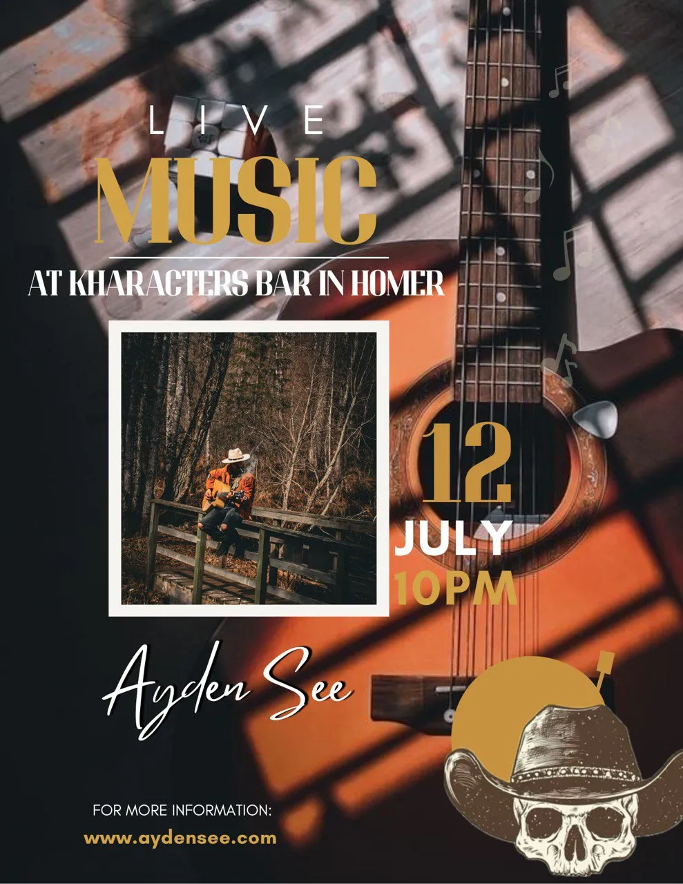 Graphic for Ayden See solo performance at Kharacters in Homer, Alaska on July 12, 2025.
