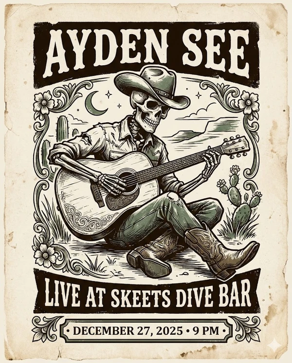 Graphic for Ayden See solo performance at Skeets Dive Bar in Kenai, Alaska on December 27, 2025.
